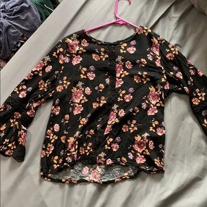 Black Floral Bell Sleeve Top